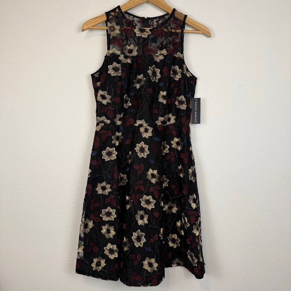 Donna Morgan Black Embroidered Floral Mesh Overlay Sleeveless Dress Size 8‎ NWT